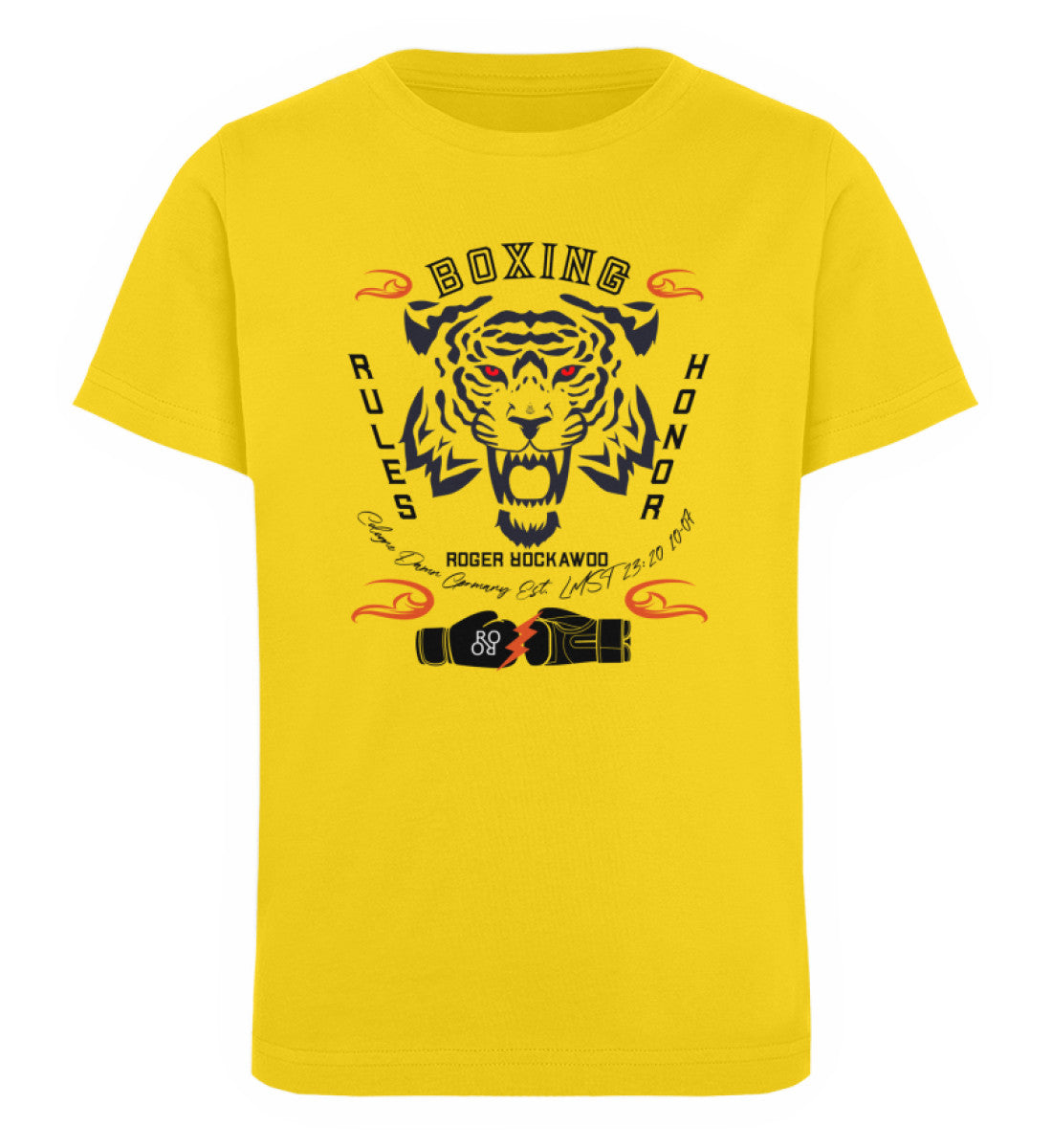 T-Shirt Kids Kinder Unisex mit Print Design der Boxing Rules and Honor Kollektion im Roger Rockawoo Fashion Webstore Golden Yellow-6885