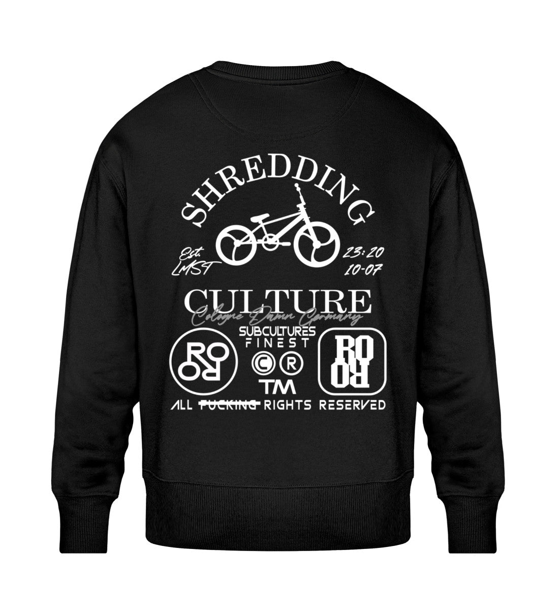 Schwarzes Sweatshirt Unisex für Frauen und Männer bedruckt mit dem Design der Roger Rockawoo Kollektion bmx shredding Culture Community
