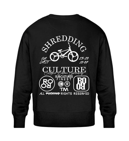 Schwarzes Sweatshirt Unisex für Frauen und Männer bedruckt mit dem Design der Roger Rockawoo Kollektion bmx shredding Culture Community
