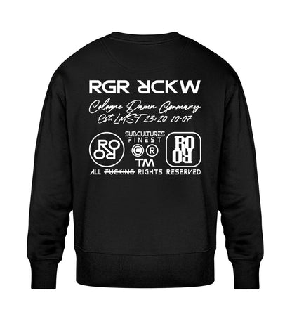 Schwarzes Sweatshirt Unisex für Frauen und Männer bedruckt mit dem Design der Roger Rockawoo Kollektion BMX Tiny