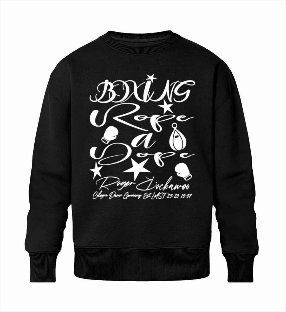 Schwarzes Sweatshirt Unisex für Damen und Herren bedruckt mit dem Design der Roger Rockawoo Kollektion Boxing Rope a Dope