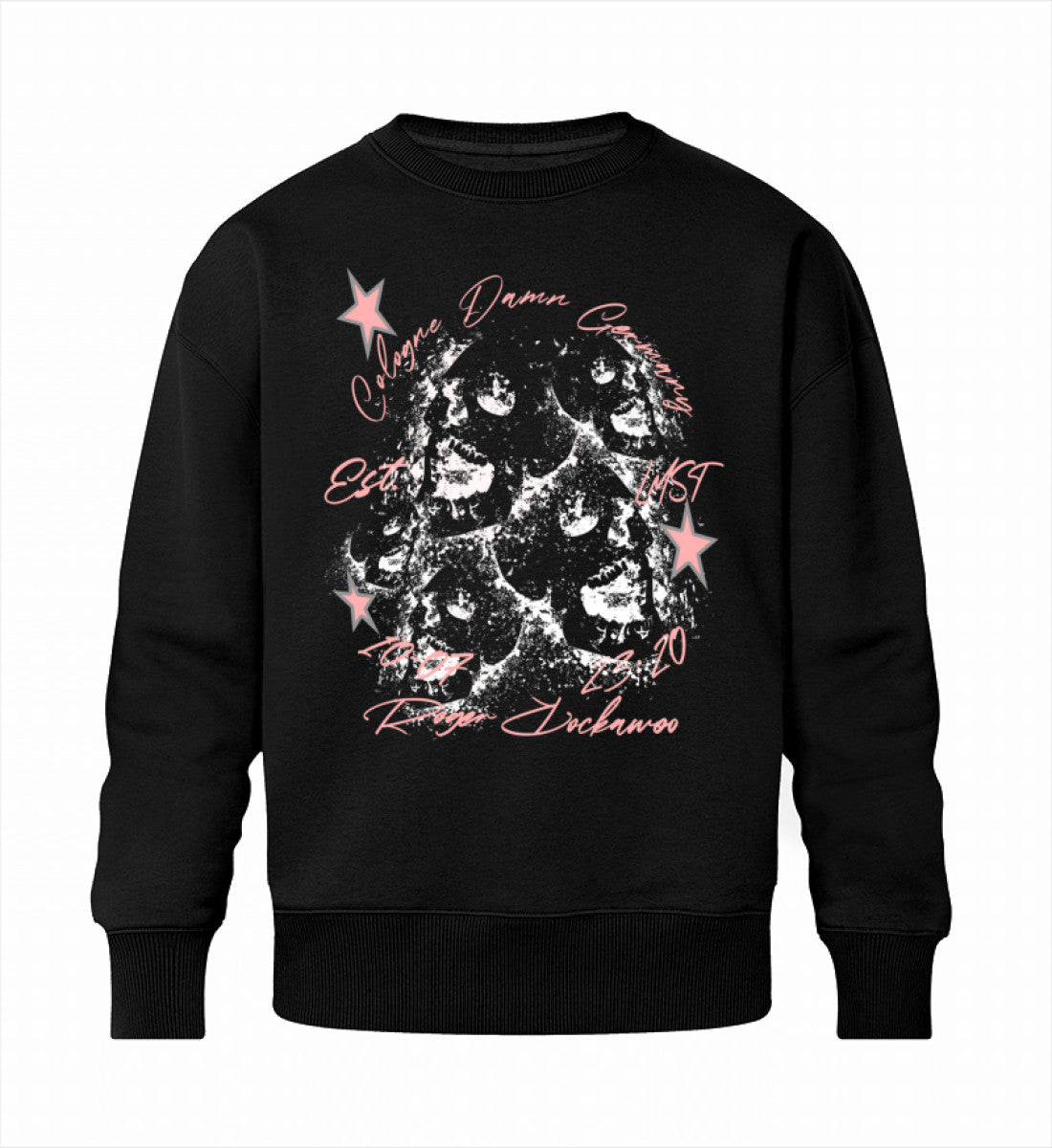 Schwarzes Sweatshirt Unisex für Frauen und Männer bedruckt mit dem Design der Roger Rockawoo Kollektion Ghost Skills