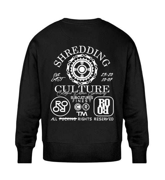 Schwarzes Sweatshirt Unisex für Frauen und Männer bedruckt mit dem Design der Roger Rockawoo Kollektion mountainbike downhill freeride shredding Culture Community