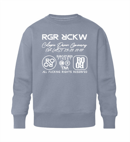 Serene Blue farbiges Sweatshirt Unisex für Damen und Herren bedruckt mit dem Design der Roger Rockawoo Kollektion Rockawoo Community Icons