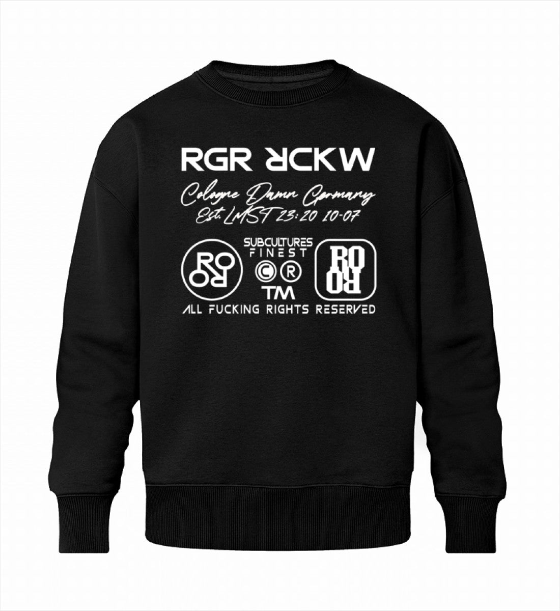 Schwarzes Sweatshirt Unisex für Frauen und Männer bedruckt mit dem Design der Roger Rockawoo Kollektion Rockawoo Community Icons