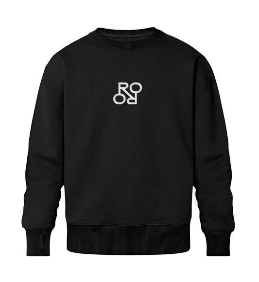 Schwarzes Sweatshirt Unisex für Frauen und Männer bedruckt mit dem Design der Roger Rockawoo Kollektion Rockawoo Brand Collection Logo in Stick