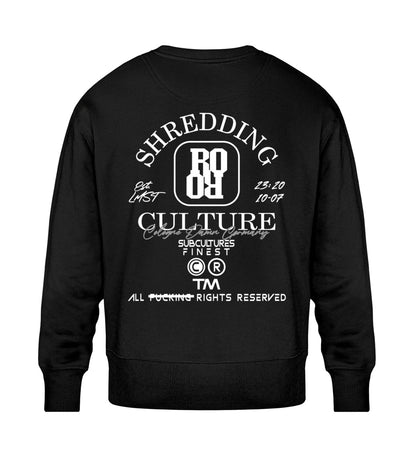 Schwarzes Sweatshirt Unisex für Frauen und Männer bedruckt mit dem Design der Roger Rockawoo Kollektion shredding Culture Community