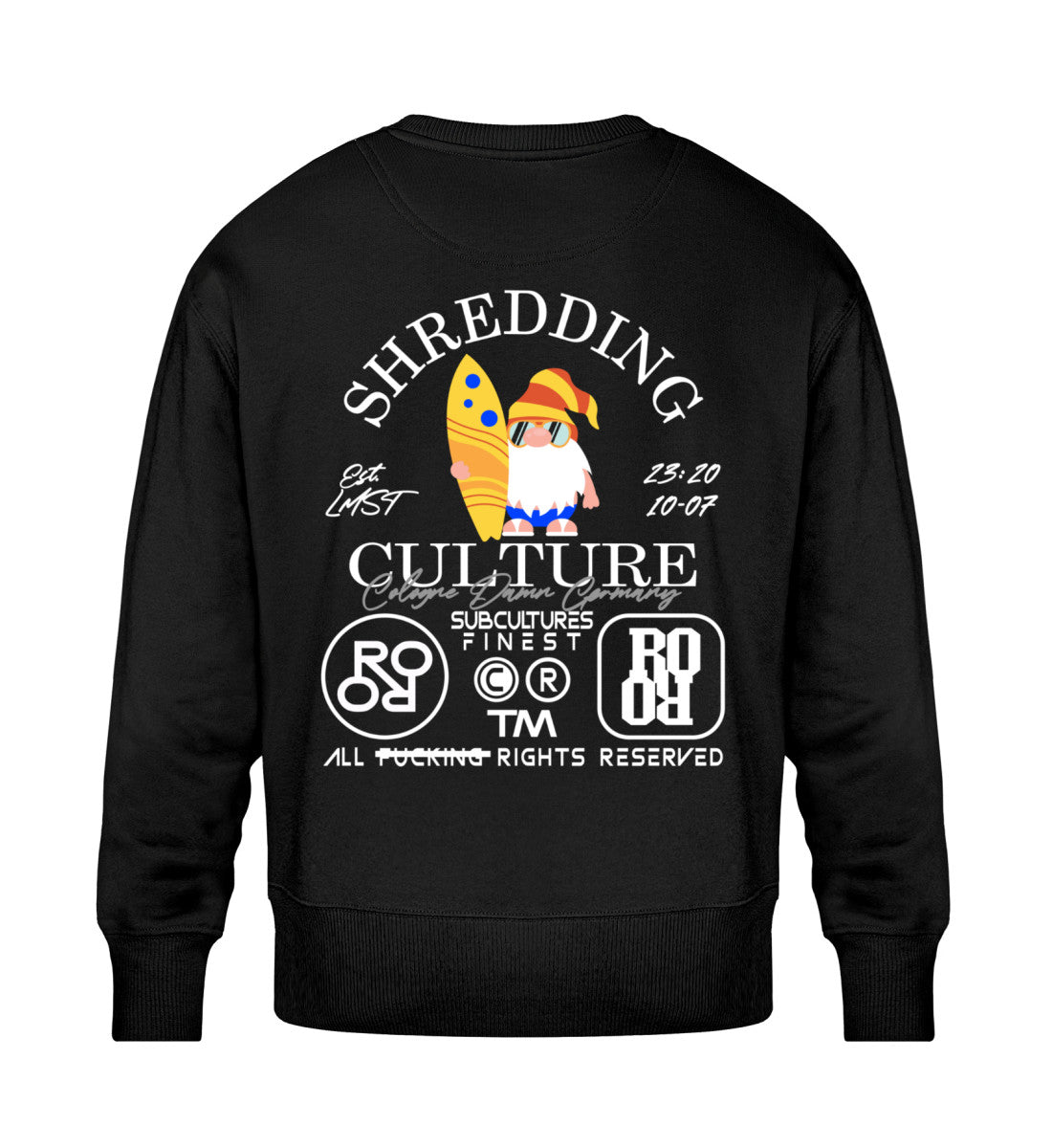 Schwarzes Sweatshirt Unisex für Frauen und Männer bedruckt mit dem Design der Roger Rockawoo Kollektion Surf shredding Culture Community