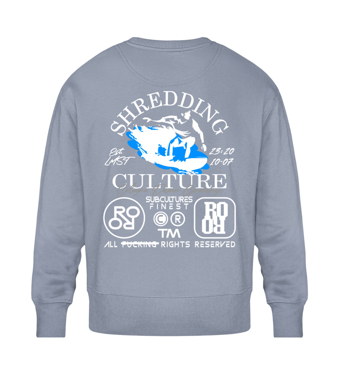 Serene Blue farbiges Sweatshirt Unisex für Damen und Herren bedruckt mit dem Design der Roger Rockawoo Kollektion Surf shredding Culture Community