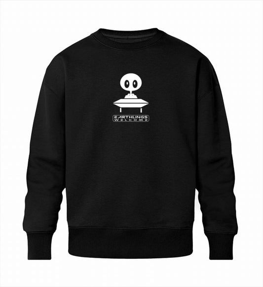 Schwarzes Sweatshirt Unisex für Frauen und Männer bedruckt mit dem Design der Roger Rockawoo Kollektion Rockawoo Ufo Alien earthlings welcome