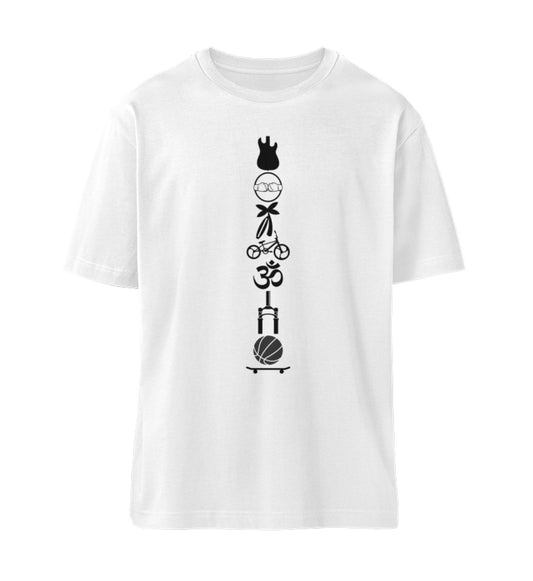Weißes T-Shirt Unisex Relaxed Fit für Frauen und Männer bedruckt mit dem Design der Roger Rockawoo Kollektion Brand Edition Icons Backbone