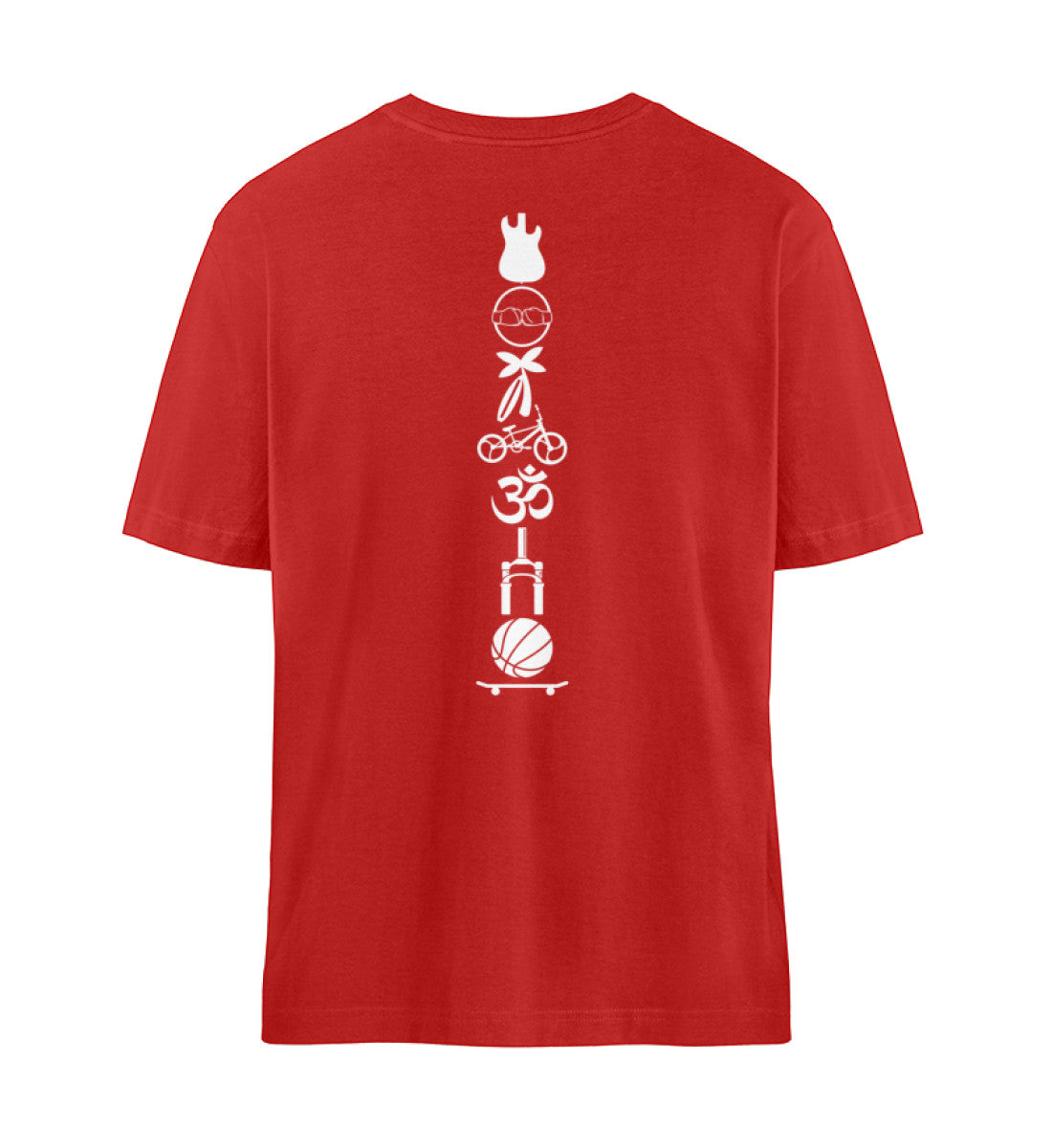 Rotes T-Shirt Unisex Relaxed Fit für Frauen und Männer bedruckt mit dem Design der Roger Rockawoo Kollektion Brand Edition Icons Backbone