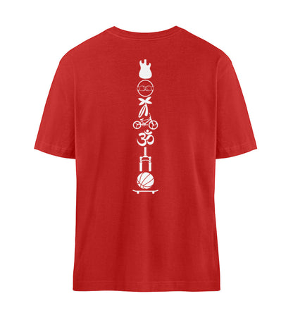 Rotes T-Shirt Unisex Relaxed Fit für Frauen und Männer bedruckt mit dem Design der Roger Rockawoo Kollektion Brand Edition Icons Backbone