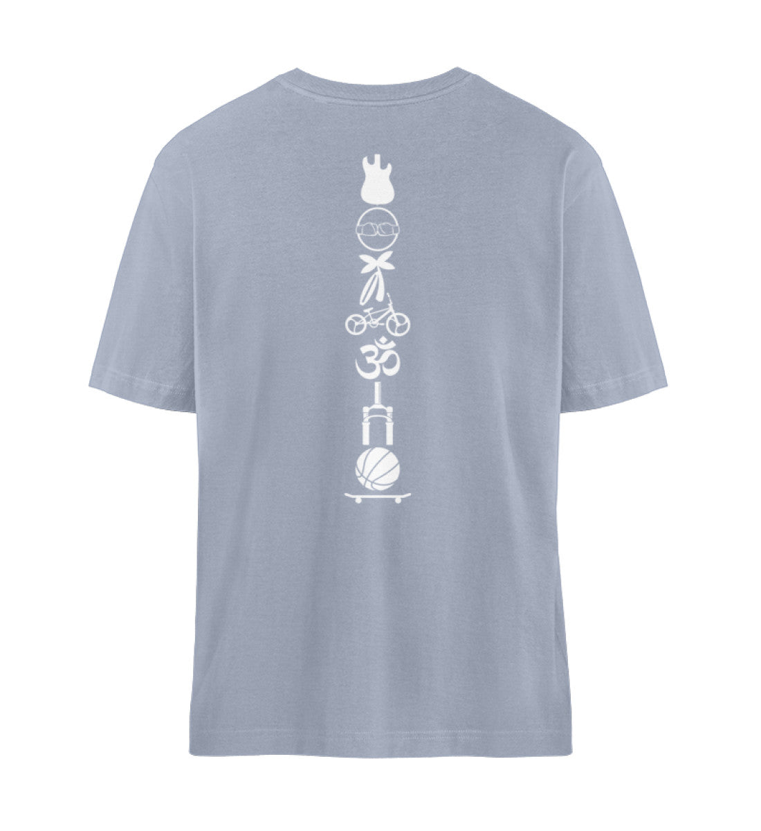 Serene Blue farbiges T-Shirt Unisex Relaxed Fit für Frauen und Männer bedruckt mit dem Design der Roger Rockawoo Kollektion Brand Edition Icons Backbone