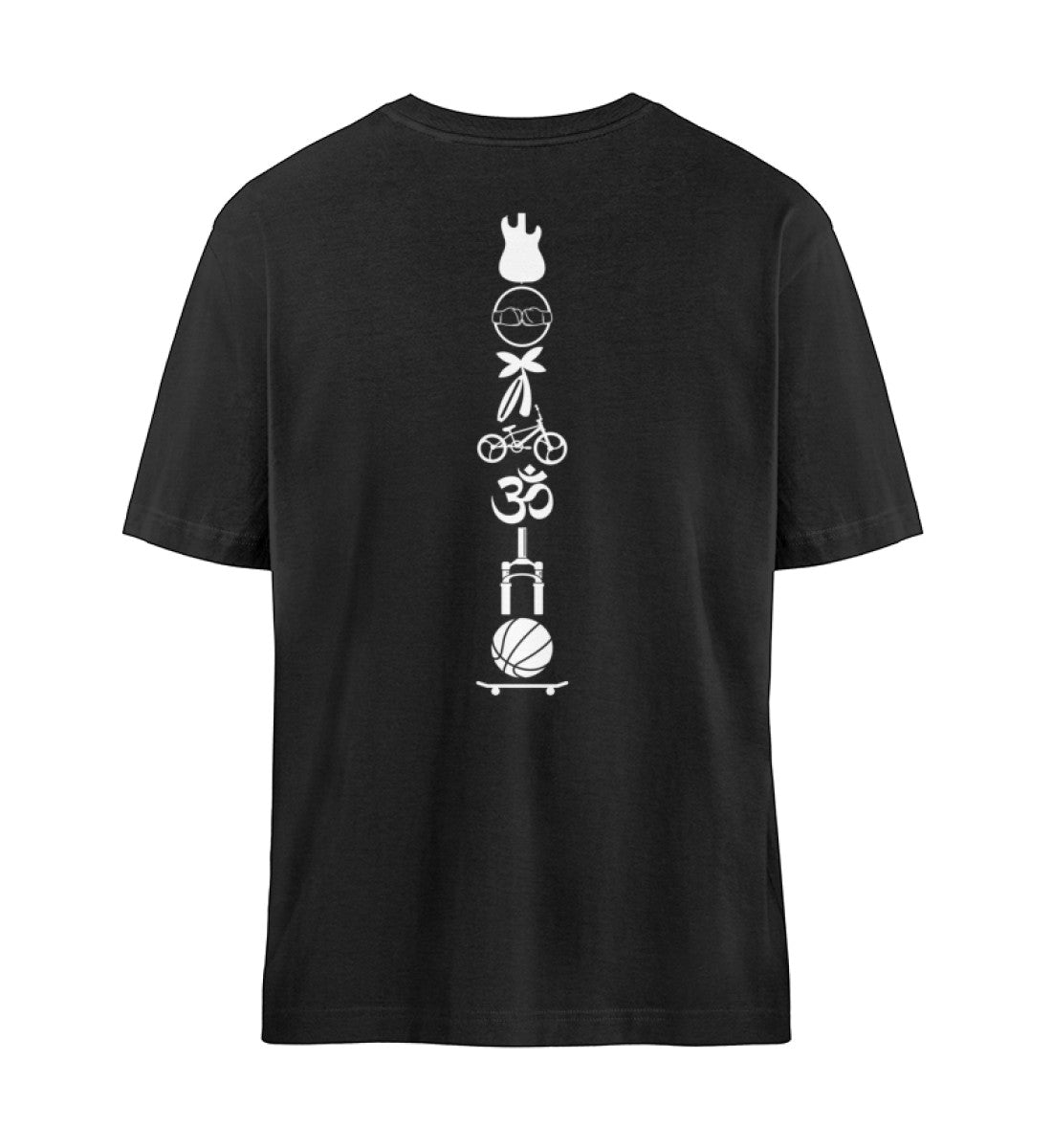 Schwarzes T-Shirt Unisex Relaxed Fit für Frauen und Männer bedruckt mit dem Design der Roger Rockawoo Kollektion Brand Edition Icons Backbone