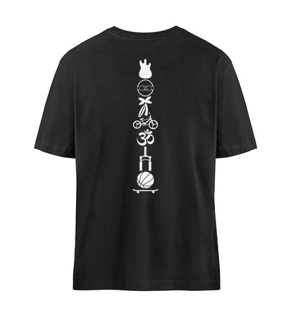 Schwarzes T-Shirt Unisex Relaxed Fit für Frauen und Männer bedruckt mit dem Design der Roger Rockawoo Kollektion Brand Edition Icons Backbone