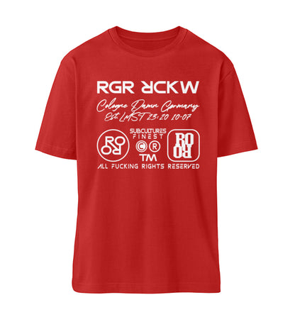 Rotes T-Shirt Unisex Relaxed Fit für Frauen und Männer bedruckt mit dem Design der Roger Rockawoo Kollektion Brand Edition Icons Backbone