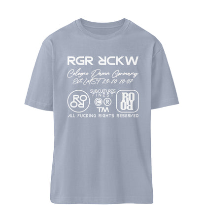 Serene Blue farbiges T-Shirt Unisex Relaxed Fit für Frauen und Männer bedruckt mit dem Design der Roger Rockawoo Kollektion Brand Edition Icons Backbone