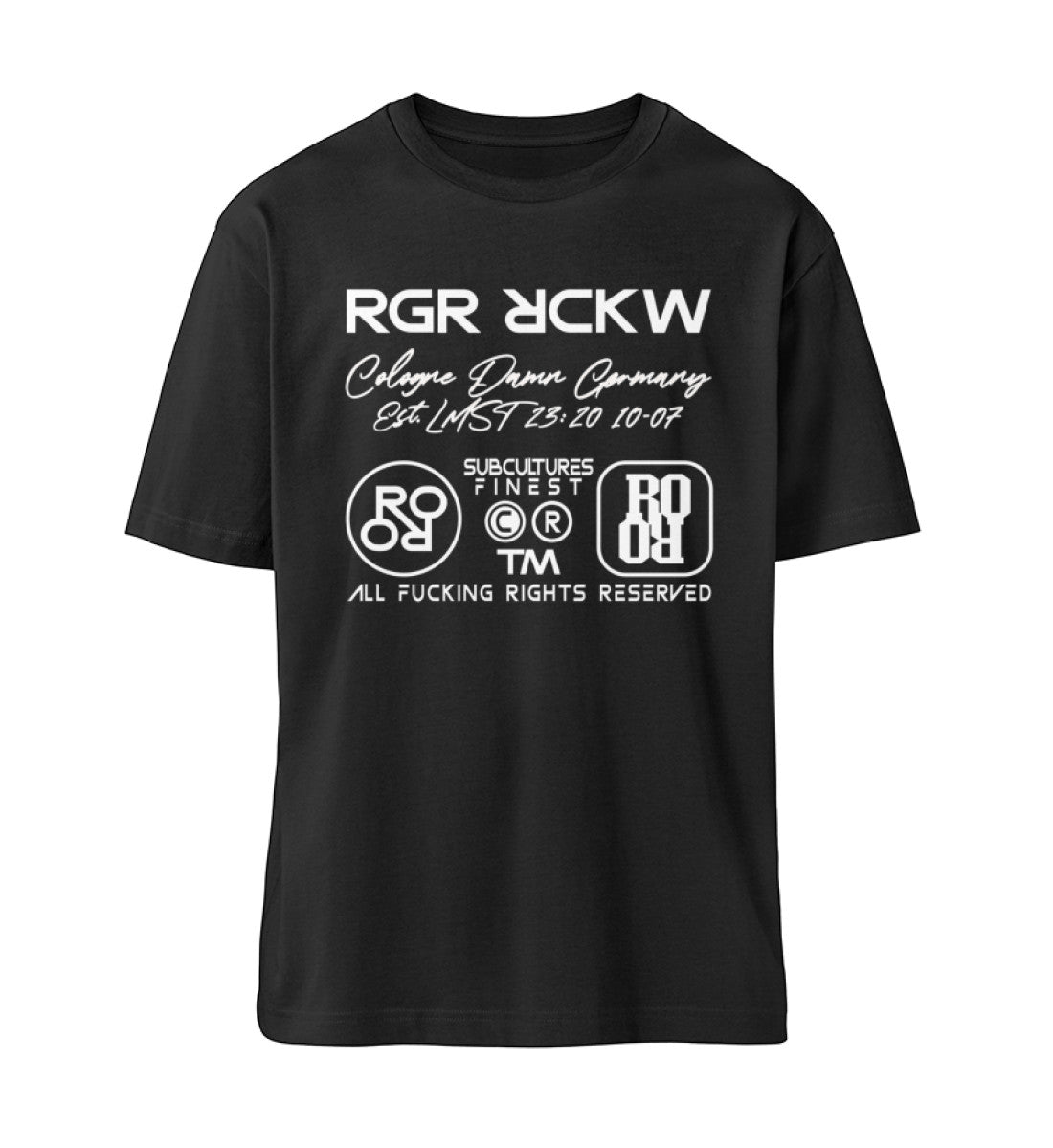 Schwarzes T-Shirt Unisex Relaxed Fit für Frauen und Männer bedruckt mit dem Design der Roger Rockawoo Kollektion Brand Edition Icons Backbone