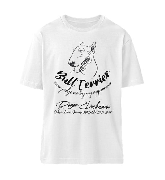 Weißes T-Shirt Unisex für Damen und Herren im Relaxed Fit in schwarz bedruckt mit dem Design der we are not alone Bullterrier Kollektion von Roger Rockawoo