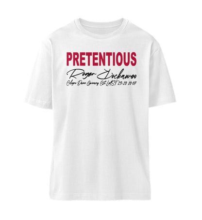 Weißes T-Shirt Unisex für Damen und Herren in rot bedruckt mit dem Designs der Pretentious Kollektion und dem Logo Schriftzug von Roger Rockawoo Clothing