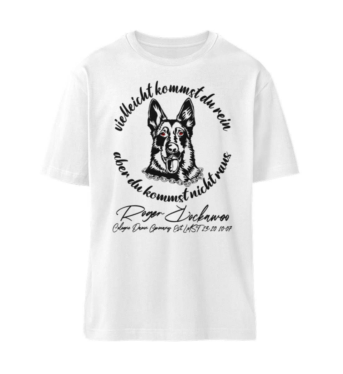 Weißes T-Shirt Unisex für Damen und Herren im Relaxed Fit in schwarz bedruckt mit dem Design der we are not alone Schäferhund Kollektion von Roger Rockawoo