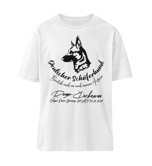 Weißes T-Shirt Unisex für Damen und Herren im Relaxed Fit in schwarz bedruckt mit dem Design der we are not alone Schäferhund Kollektion von Roger Rockawoo