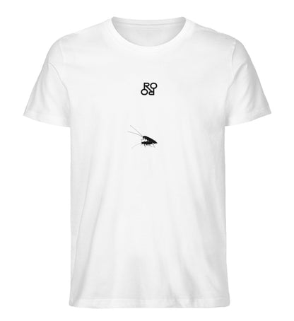 Weißes T-Shirt unisex für Damen und Herren bedruckt mit schwarzen Kakerlaken aus der The Cockroach Party Kollektion und dem Schriftzuglogo von Roger Rockawoo Fashion