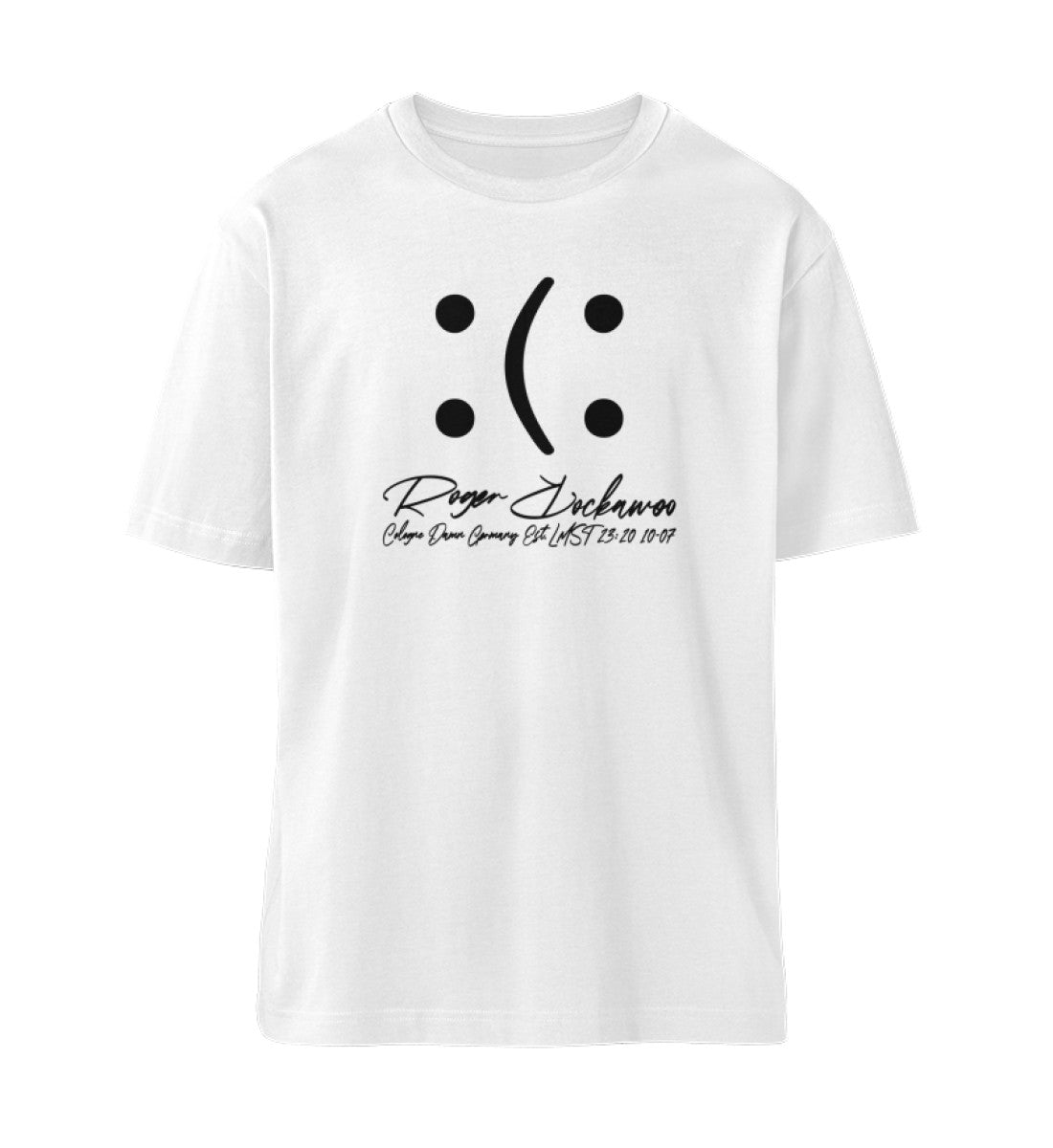 Weißes T-Shirt Unisex für Damen und Herren in schwarz bedruckt mit dem Designs der You Decide Kollektion und dem Logo Schriftzug von Roger Rockawoo Clothing