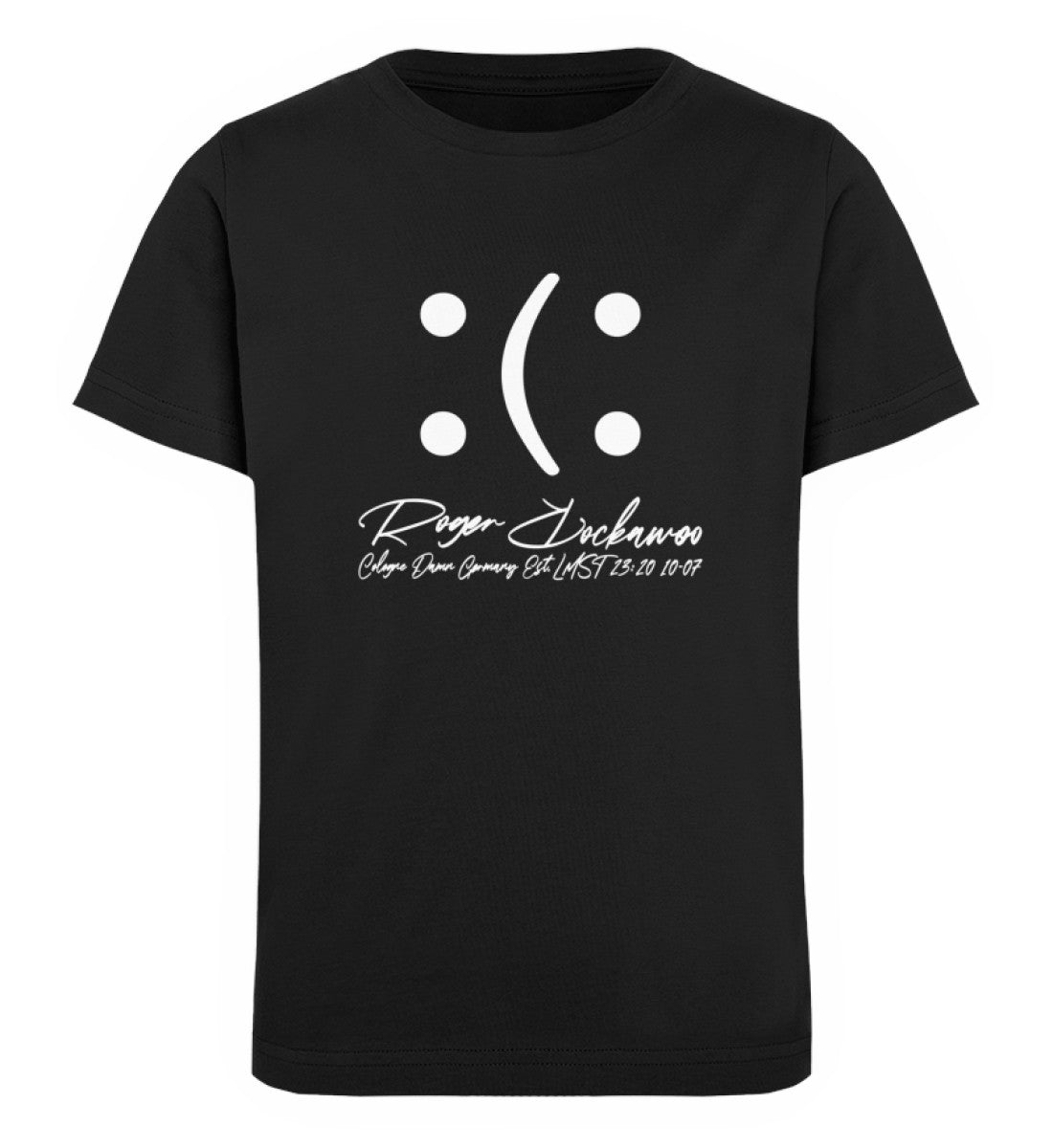 Schwarzes T-Shirt Unisex für Kinder rückseitig bedruckt in weiß mit dem Design der You Decide Kollektion und dem Logo Schriftzug von Roger Rockawoo Clothing