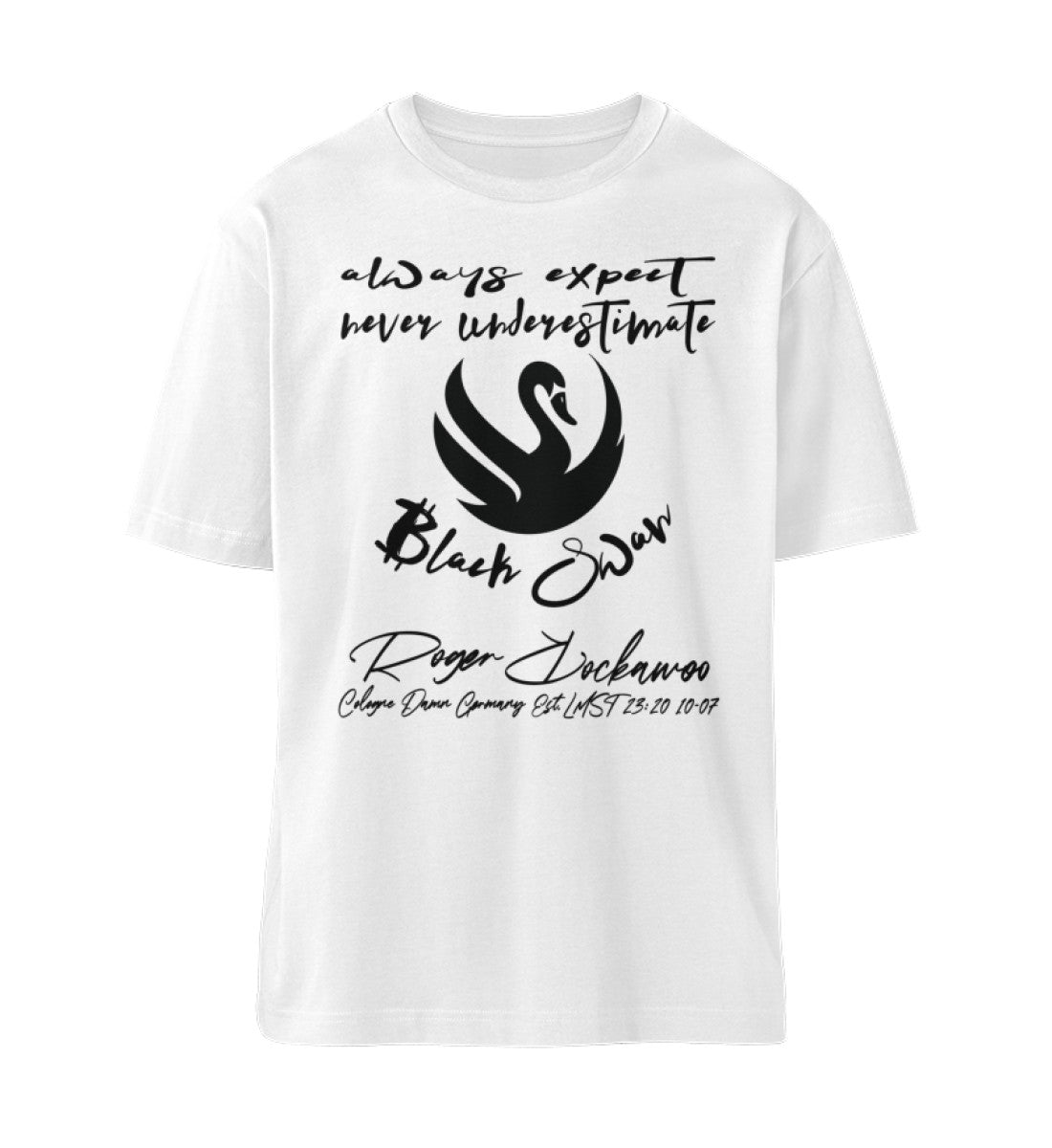 Weißes T-Shirt Unisex Relaxed Fit für Damen und Herren bedruckt mit dem Design der Roger Rockawoo Kollektion Bitcoin Finanz Schwarzer Schwan