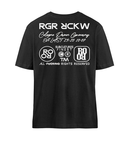 Schwarzes T-Shirt relaxed fit unisex für Frauen und Männer bedruckt mit dem Design der Roger Rockawoo Kollektion BMX Tiny