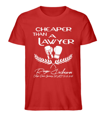 Rotes T-Shirt für Frauen und Männer bedruckt mit dem Design der Roger Rockawoo Kollektion Boxing Cheaper than a lawyer