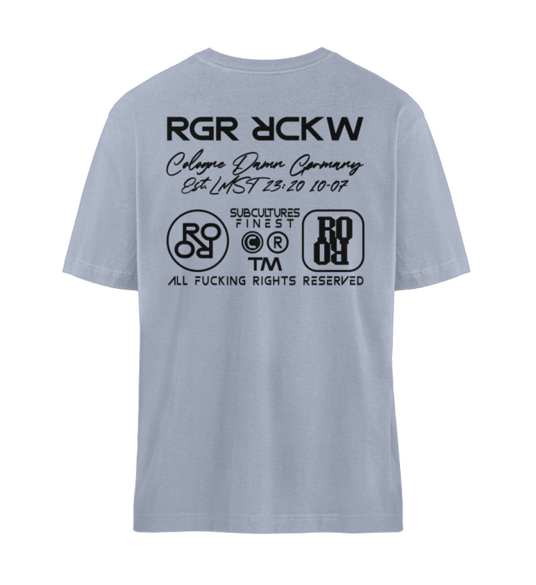 Serene Blue farbiges T-Shirt Unisex Relaxed Fit für Frauen und Männer bedruckt mit dem Design der Roger Rockawoo Kollektion BMX Bunny Hop frohe Ostern