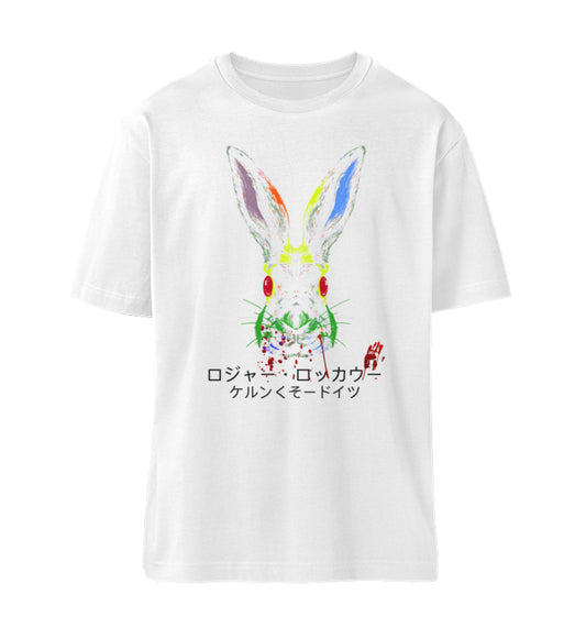 Weißes T-Shirt Unisex Relaxed Fit für Frauen und Männer bedruckt mit dem Design der Roger Rockawoo Kollektion BMX Bunny Hop frohe Ostern