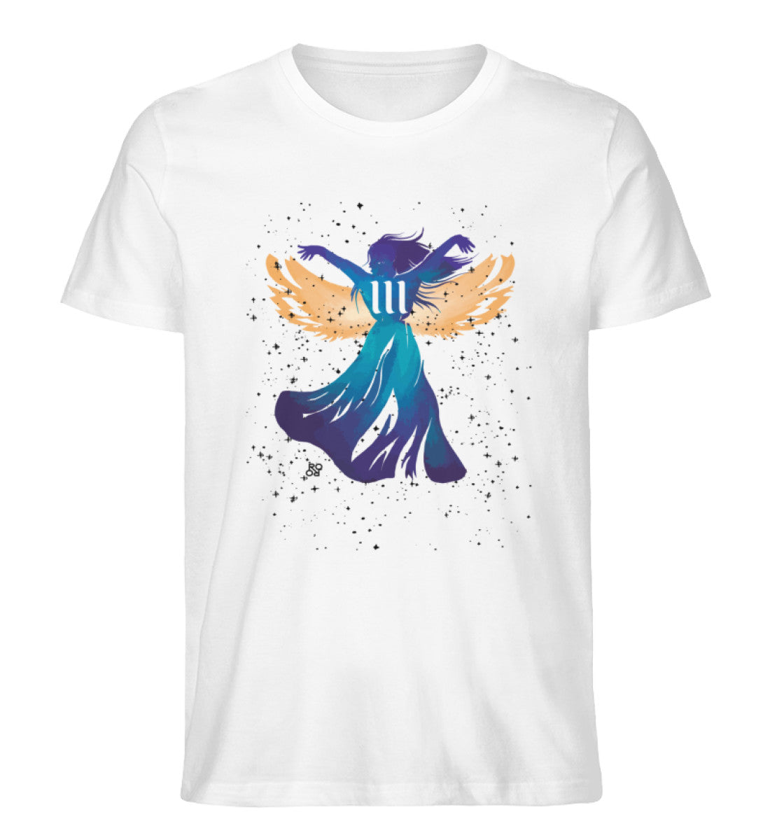 Weißes T-Shirt Unisex für Damen und Herren bedruckt mit einer weiblichen blauen Fantasy Engelsfigur und der Engelszahl 111 und dem Logo von Roger Rockawoo Clothing