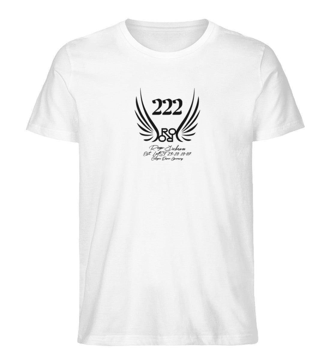 Weißes T-Shirt Unisex für Damen und Herren bedruckt in schwarz mit der Engelszahl 222 und symboloschen Engelsfluegeln und dem Logo von Roger Rockawoo Clothing