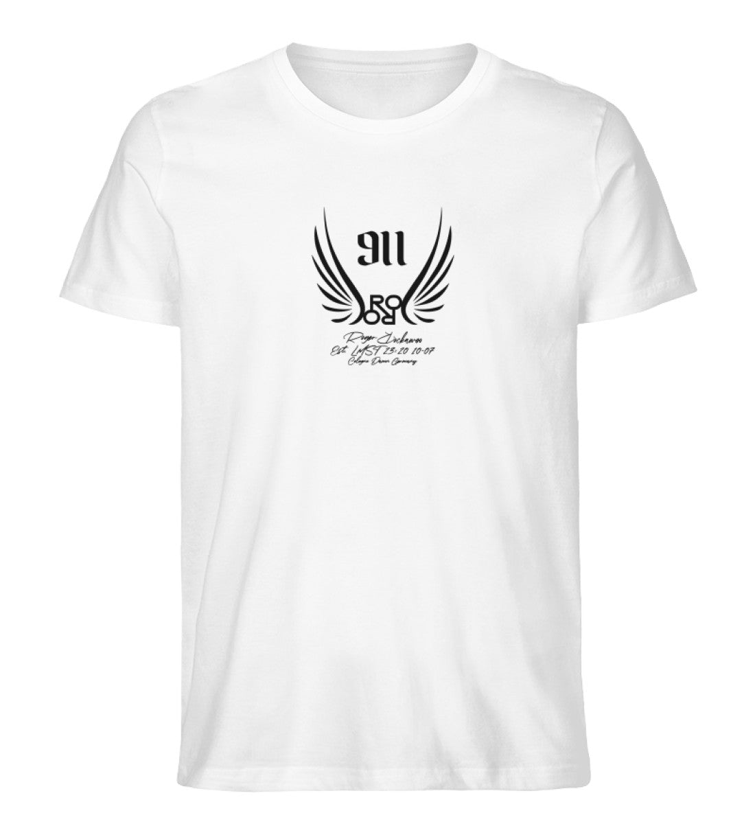 Weißes T-Shirt Unisex für Damen und Herren bedruckt in schwarz mit der Engelszahl 911 und symboloschen Engelsfluegeln und dem Logo von Roger Rockawoo Clothing