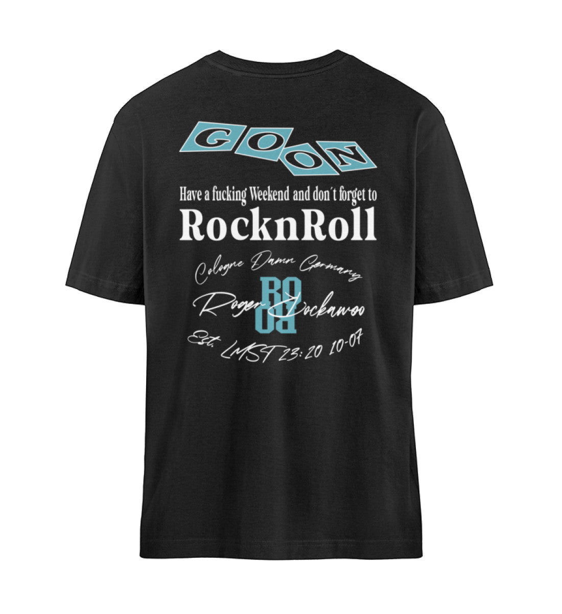 Schwarzes T-Shirt in Relaxed Fit mit rückseitiger Druck in weiß und türkis des Skateboard Go on Skate Designs von Roger Rockawoo Clothing