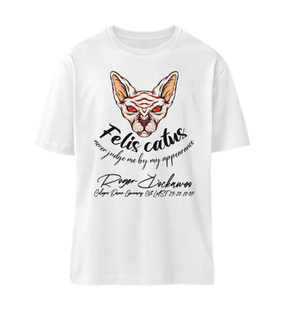 Weißes T-Shirt Unisex für Damen und Herren Relaxed Fit bedruckt mit Design der Kollektion we are not alone Sphinx Katze und dem Logo Schriftzug von Roger Rockawoo Clothing