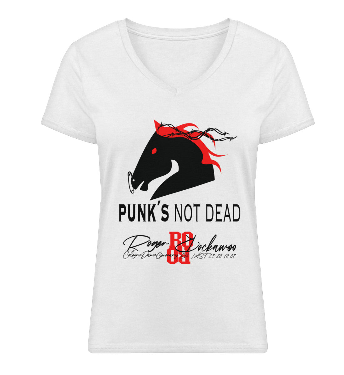 T-Shirt Damen V-Ausschnitt mit Print Design der Punks not dead mit Pferde Kopf Motiv Kollektion im Roger Rockawoo Fashion Webstore White-3