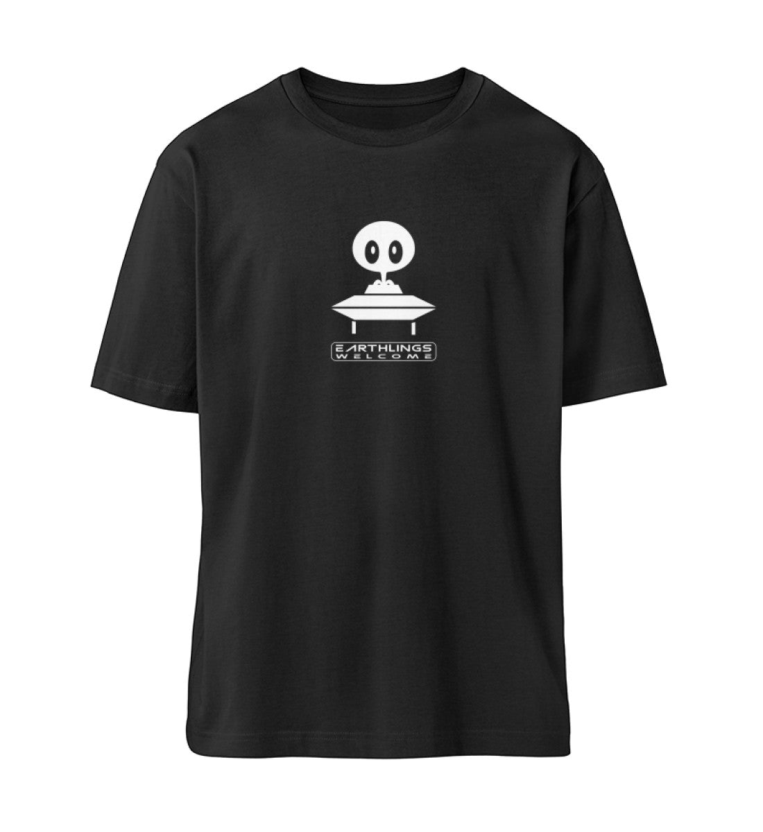 Schwarzes T-Shirt Unisex Relaxed Fit für Frauen und Männer bedruckt mit dem Design der Roger Rockawoo Kollektion Alien ufo earthlings welccome