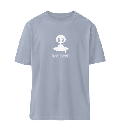 Serene Blue farbiges T-Shirt Unisex Relaxed Fit für Frauen und Männer bedruckt mit dem Design der Roger Rockawoo Kollektion Alien ufo earthlings welccome
