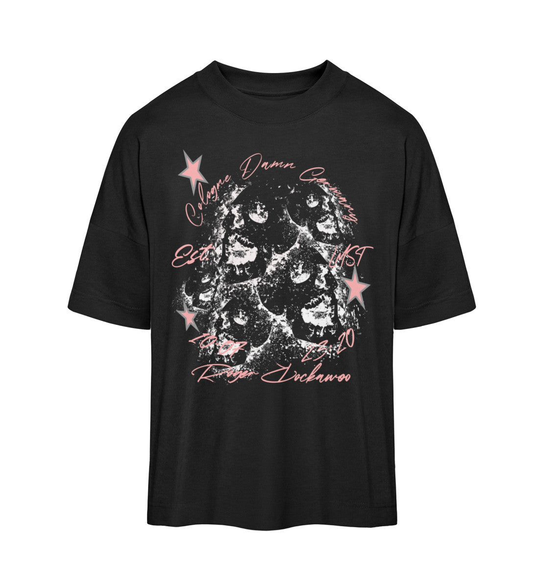 Schwarzes T-Shirt Unisex Oversize Fit für Frauen und Männer bedruckt mit dem Design der Roger Rockawoo Kollektion Ghost Skulls