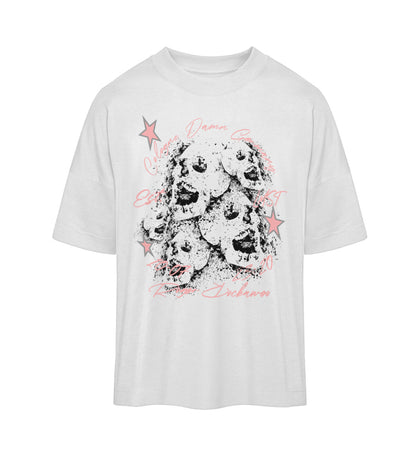 Weißes T-Shirt Unisex Oversize Fit für Frauen und Männer bedruckt mit dem Design der Roger Rockawoo Kollektion Ghost Skulls