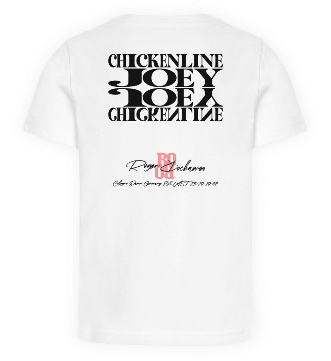 Weißes T-Shirt Unisex für Kinder Jungen und Maedchen in schwarz bedruckt mit dem Schriftzug Design der Downhill Chickenline Joey Kollektion und dem Logo Schriftzug von Roger Rockawoo Clothing