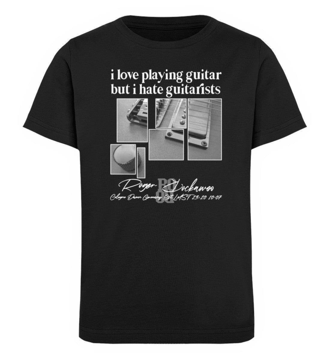 T-Shirt Kinder in normal gerader Passform bedruckt mit dem Design der Love and Hate E Gitarren Collection im Roger Rockawoo Clothing Webshop Farbe Schwarz