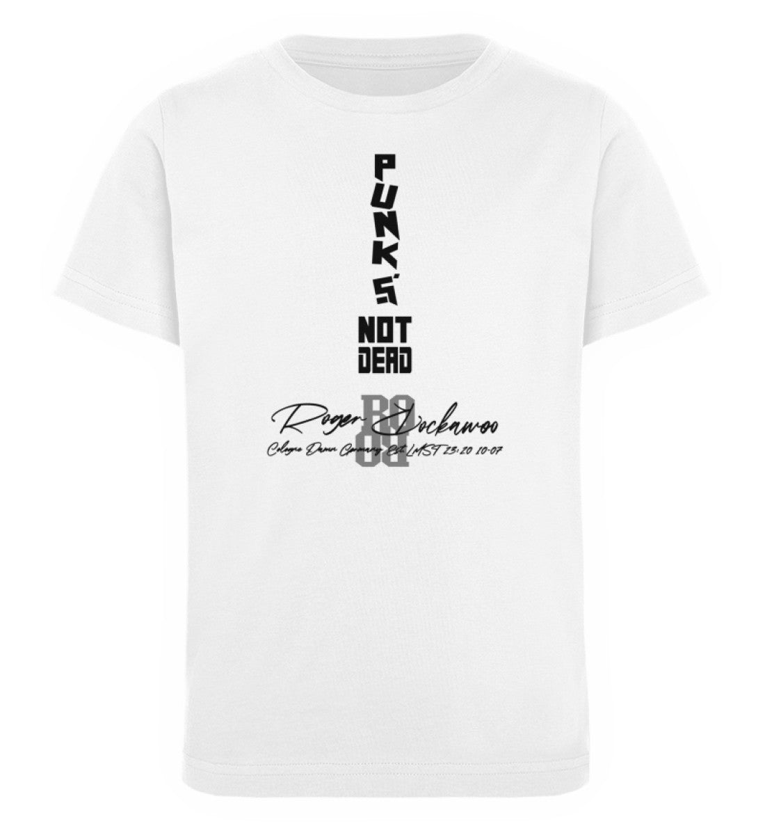 T-Shirt Kinder Mädchen und Jungen bedruckt mit dem Design der Punks not dead Collection im Roger Rockawoo Clothing Webshop Farbe Weiss 