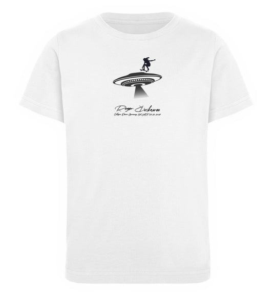Weißes Kinder T-Shirt für Mädchen und Jungen bedruckt mit dem Design der Roger Rockawoo Kollektion skateboard ufo ollie