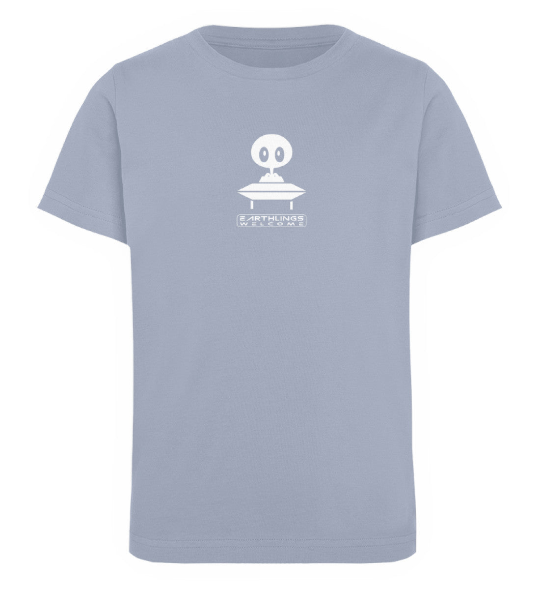 Serene Blue farbiges Kinder T-Shirt für Mädchen und Jungen bedruckt mit dem Design der Roger Rockawoo Kollektion Community Ufo alien earthlings welcome